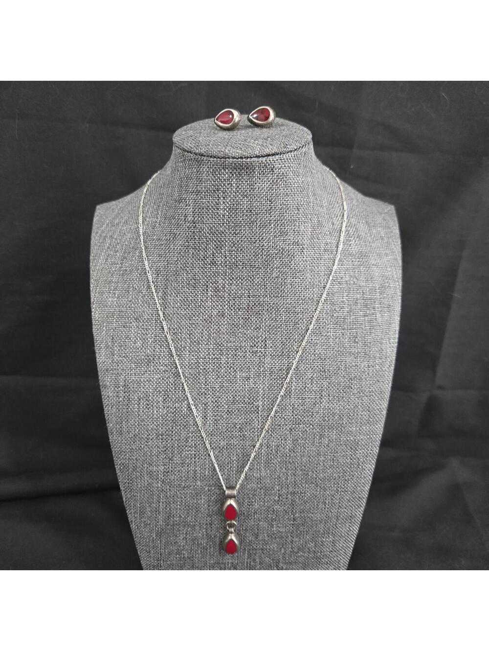 Sterling Silver Red Glass Necklace Earrings Set Teardrop Dangle Pendant Stud